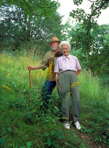 Clarke and Florence Chambers on the steep prairie on their property above the Kinnickinnic River. Taken on the occasion of the first Kinnickinnic River Land Trust conservation easement donation.